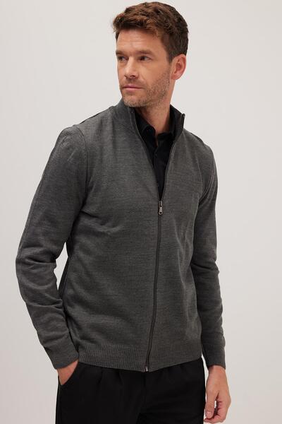Tudors Erkek Slim Fit Dar Kesim Gri Dik Yaka Fermuarlı Düz Hırka