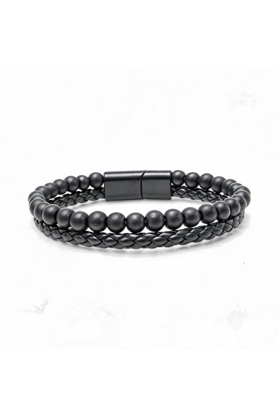 FM Onyx Natural Stone and Leather Men's Bracelet 31832B7D1