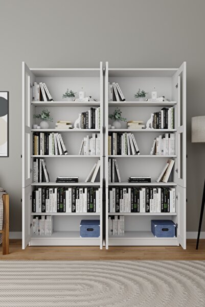 midoser Lisa 8 Kapaklı Beyaz Vitrin Seti - Kitaplık ve Çok Amaçlı Dolap