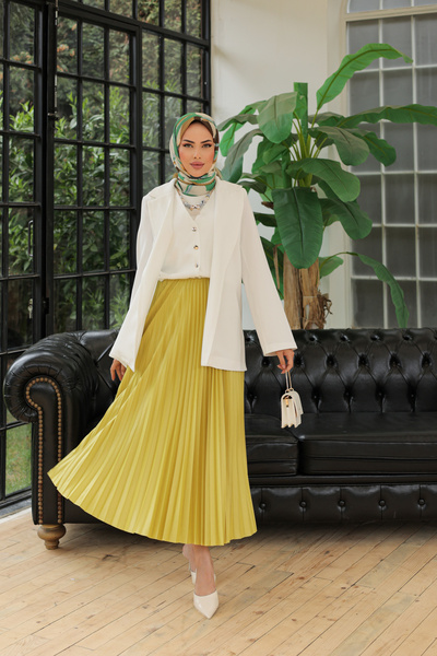 comstar Women's Basic High Waist Pleated Loose Green Long Skirt