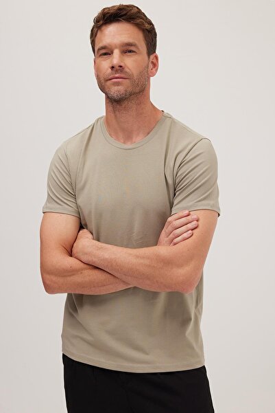 Tudors Men's Slim Fit Slim-Fitting Cotton Soft Texture Lycra Stretch Fabric Khaki Crew Neck T-Shirt