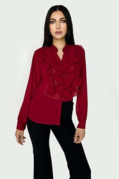 FashionForYou Dariana elegant shirt, with a vaporous texture, long sleeves and maxi ruffles with a pleated look, Bordeaux