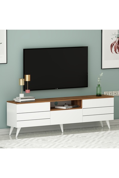 Betroya Lunar TV Ünitesi Sehpası Çekmeceli Raflı Beyaz Kemençe
