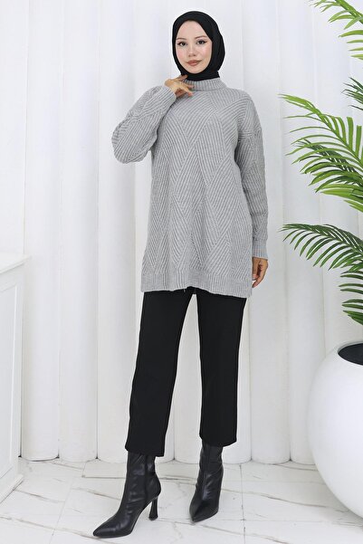 hafsamina Πουλόβερ με λαιμόκοψη με μοτίβο διαμάντια γκρι HM2836