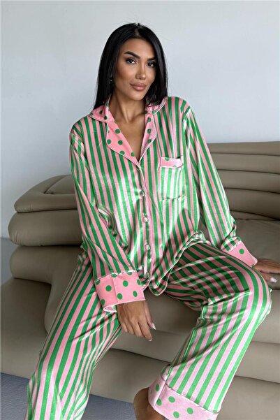 COCCOLARSI Mix Retrò Pudra Yeşil Kadife Uzun Pijama Takımı