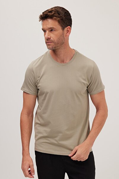 Tudors Men's Slim Fit Slim-Fitting Cotton Soft Texture Lycra Stretch Fabric Khaki Crew Neck T-Shirt
