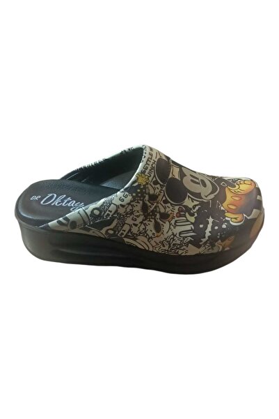 oktay kundura Dr. Oktay Original Mickey Pattern Water-Based Leather Orthopedic Sabo Nurse Dr. Chef Hairdresser Slippers