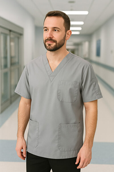 mirach Men's 4-Pocket Nurse and Doctor Scrubs Single Top Uniform Hospital Surgical Gown Comfortable Medical Clothing