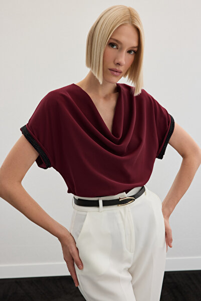 Sateen Kollar Taş Detaylı Salaş Bluz - Bordo