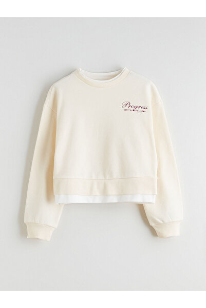 LC Waikiki Alita City Lcw Kids Beige Oval Collar Girls' Sweatshirt with a Dif...