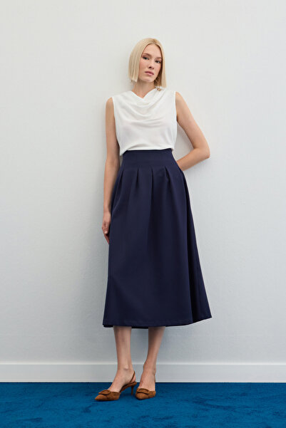 Sateen Pileli Midi Etek - Lacivert