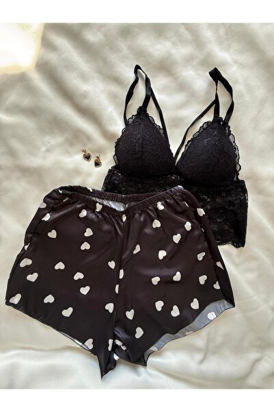 İNKO İÇ GİYİM Bustier Lace Detailed Satin Shorts Set