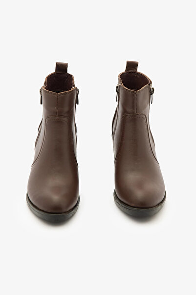 SAYL Γυναικείες μπότες με φερμουάρ από γνήσιο δέρμα καφέ με κοντό τακούνι