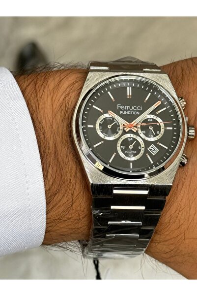 Ferrucci GÜMÜŞ RENK SİYAH KADRANLI FONKSİYONLU TARİHLİ ERKEK SAATİ