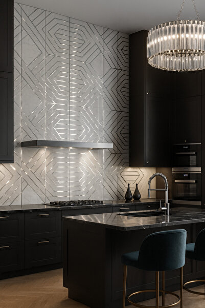 UKAB DEKOR 30x60 cm Kendinden Yapışkanlı Esnek Köpük Gri Şeritli Pvc Mermer Panel cm Banyo WC Mutfak TJ005