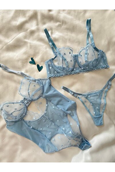 İNKO İÇ GİYİM Underwire Cupless Tulle Detailed Heart Patterned Bra Set & Bodysuit (Bra Thong)