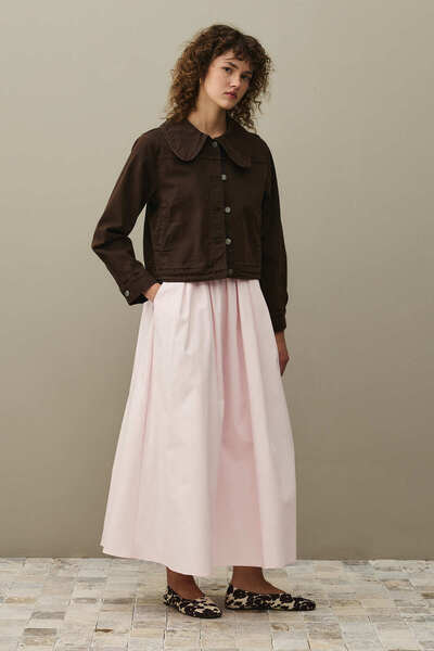 Fahhar Round Neck Denim Jacket Brown