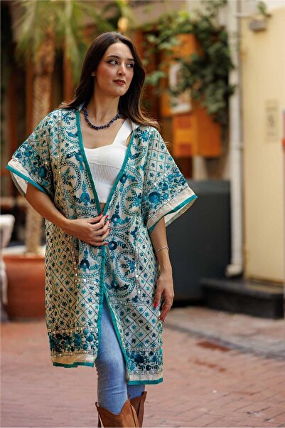 Miss Boheme Turquoise Color Hand Embroidered Ethnic Patterned Bohemian Kimono