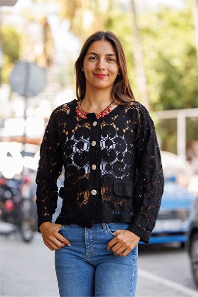 Miss Boheme Black Color Cover Detailed Knitted Crochet Cardigan