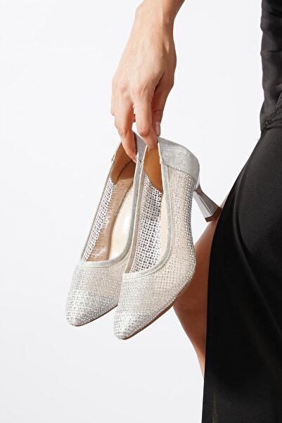 Moda Pie Husmer Meshed Full Stone Women's Heeled Shoes Silver Glitter