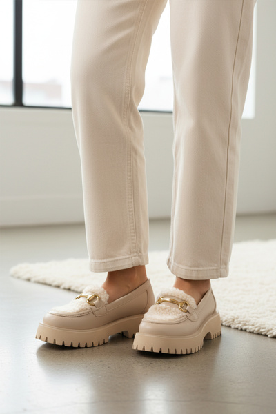 AYAKMOD Pantofi casual de damă cu talpă groasă din piele bej 572461 Z