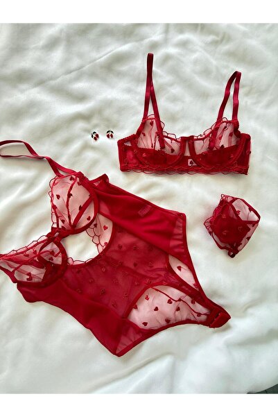 İNKO İÇ GİYİM Underwire Cupless Tulle Detailed Heart Patterned Bra Set & Bodysuit (Bra Thong)