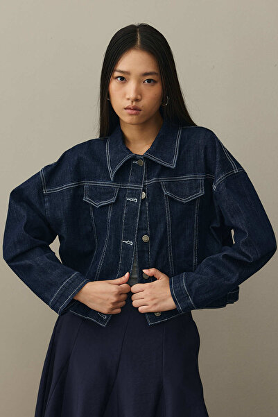 Fahhar Oversize Short Denim Jacket Dark Blue