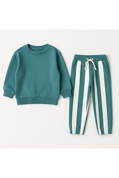 Lolliboomkids Girl's Canvas Striped Jogger Bottom Petrol Green Sweatshirt Bottom - Top Set