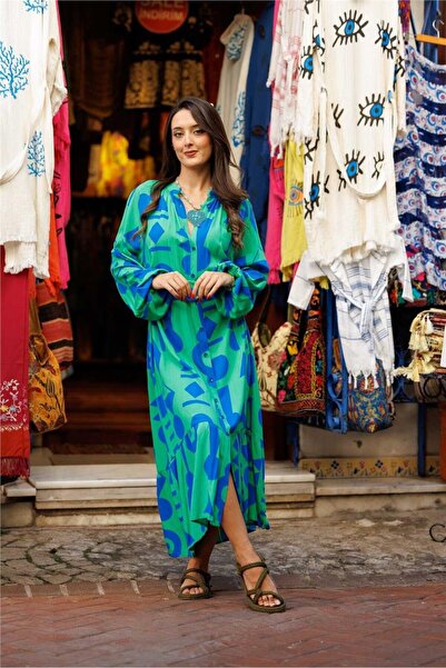 Miss Boheme Blue Color Geometric Patterned Button Detailed Bohemian Dress