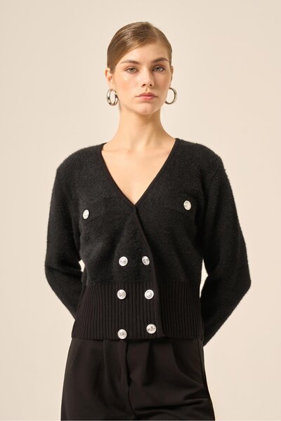 FTZ WOMEN Cardigan scurt pentru femei, cu două piepturi, negru 20779