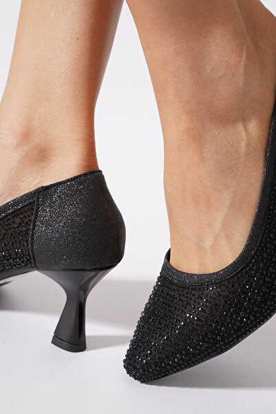 Moda Pie Husmer Mesh Complete Stone Women's Heeled Shoes Black Glitter