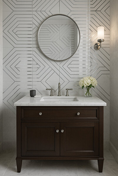 UKAB DEKOR 30x60 cm Kendinden Yapışkanlı Esnek Köpük Gri Şeritli Pvc Mermer Panel cm Banyo Mutfak WC -TJ005