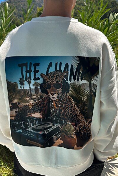 The Champ Clothing Παιδικό φούτερ Oversize DJ Leopard Printed White – Λαιμόκοψη, φλις με 3 κλωστές