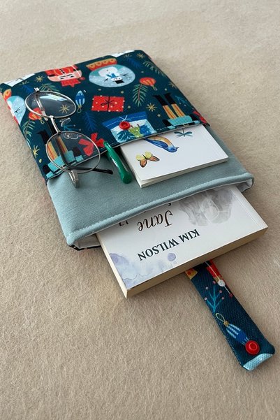 Outlet Çarşım Linen Book Cover with Pockets, Padded Snap-On Book Cover, Gift for Book Lovers