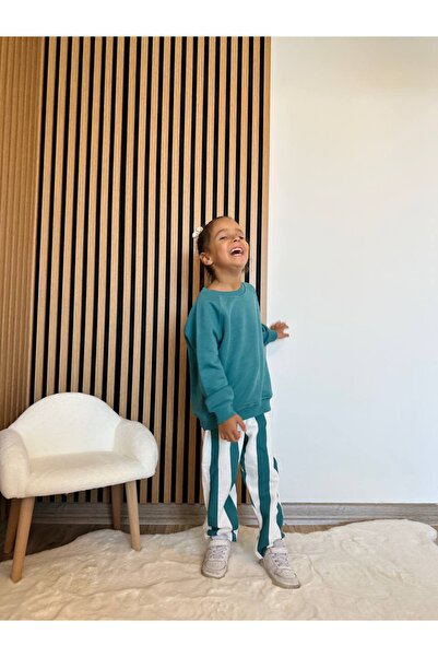 Lolliboomkids Girl's Canvas Striped Jogger Bottom Petrol Green Sweatshirt Bottom - Top Set