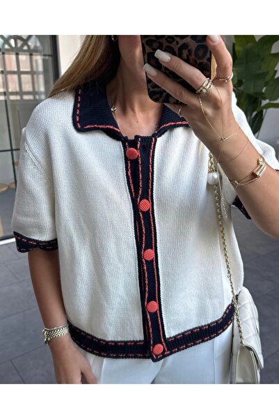 TB Butik Cream Orange Button Detail Short Sleeve Cardigan