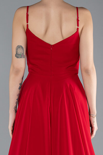 Abiyefon Kırmızı Askılı Yırtmaçlı Uzun Şifon Mezuniyet Elbisesi