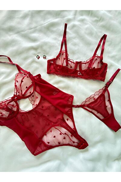 İNKO İÇ GİYİM Underwire Cupless Tulle Detailed Heart Patterned Bra Set & Bodysuit (Bra Thong)
