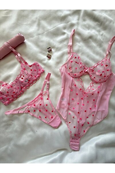 İNKO İÇ GİYİM Underwire Cupless Tulle Detailed Heart Patterned Bra Set & Bodysuit (Bra Thong)