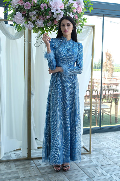 Feminist Kol Uçları Tüylü Abiye Elbise İndigo 6502437