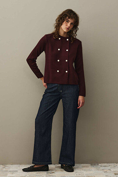 Fahhar Çift Düğme Crop Hırka Bordo