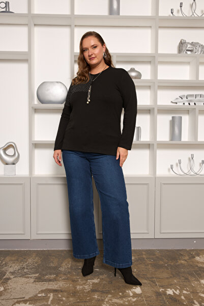RMG Μαύρη μπλούζα με μακρυμάνικο μανίκι για γυναίκες μεγάλου μεγέθους