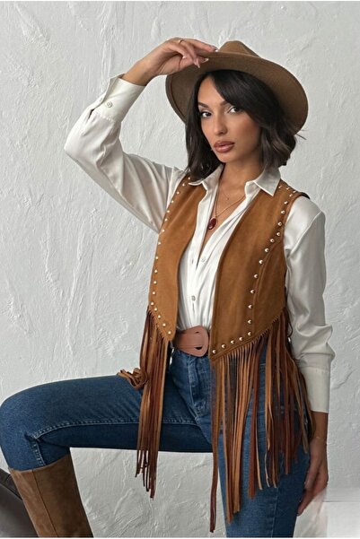 TOPSHOW Γιλέκο από σουέτ με φούντες με πέτρινη λεπτομέρεια