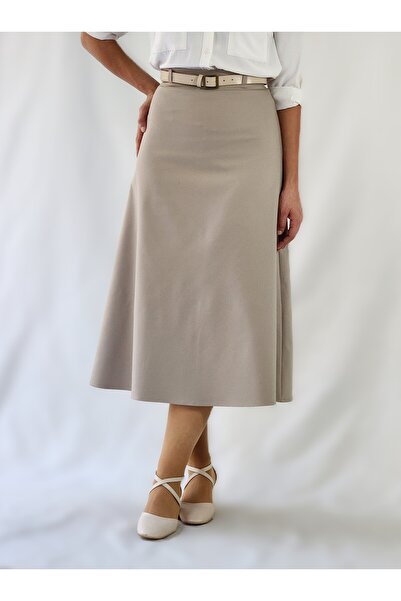 YAXİ FUSTA DETALIATA CU CENTURA, LUNGIME MIDI, LARGA, BEJ, TAPIȚĂ