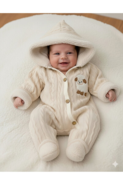 Egelite Lamb Embroidered 0-3-6-9 Months Knitwear Jumpsuit, Seasonal Unisex, Closed Feet, Wooden Buttons, Hooded