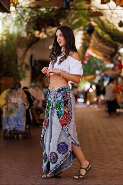 Miss Boheme Gri Renk Etnik Kapaklı Nakış İşlemeli Pantolon