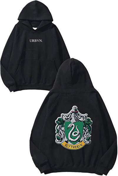 urbvn Slytherin Tasarım Baskılı Oversize Siyah Kapüşonlu Sweatshirt
