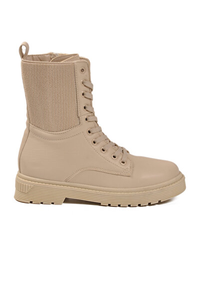 AYAKMOD حذاء نسائي طويل بيج مع بطانة صوفية وسحاب ونعل طويل مضاد للانزلاق 23002 Z