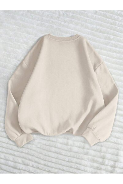 PALPİTO Women's Beige Bow Printed Crew Neck Oversize Sweatshirt