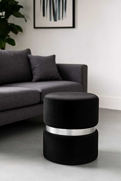 elissa home Luxery Puf - Siyah Spor Dikişli GÜMÜŞ Detaylı Silinebilir Kadife ...